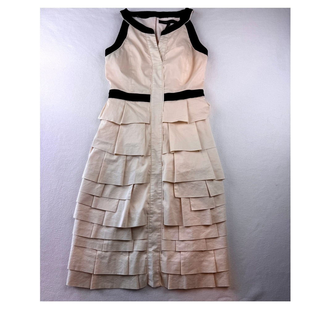 BCBG Max Azria Women's 2 Cream Black Tiered Ruffle Midi Dress Cocktail Party